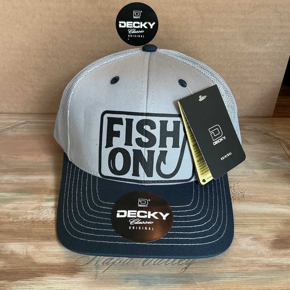 Trucker hat - custom “Fish On” graphic - Gray and Navy Decky trucker Hat